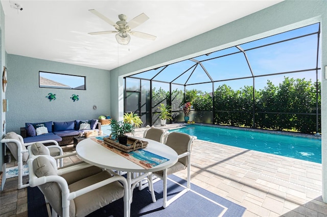 view of pool featuring ceiling fan