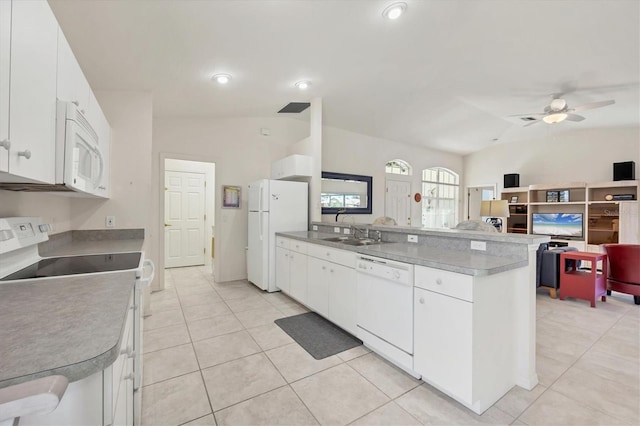 kitchen with white cabinetry, light tile patterned flooring, white appliances, and ceiling fan