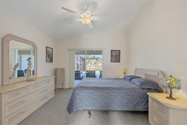 bedroom featuring access to outside, ceiling fan, light colored carpet, and lofted ceiling