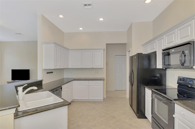 kitchen with white cabinets, sink, and black appliances