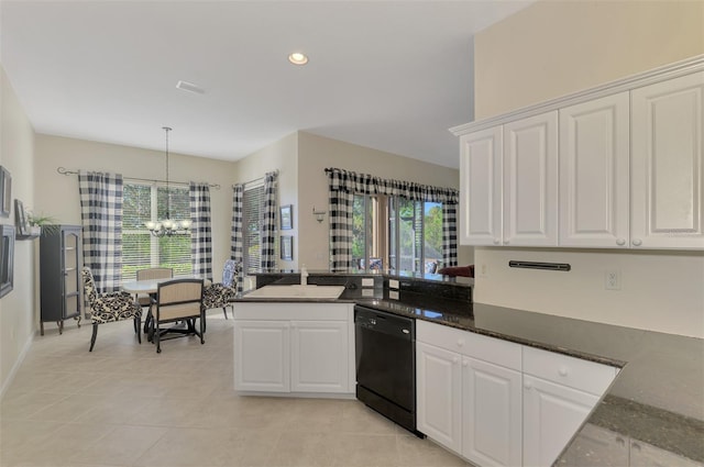 kitchen with a notable chandelier, dishwasher, white cabinets, and kitchen peninsula