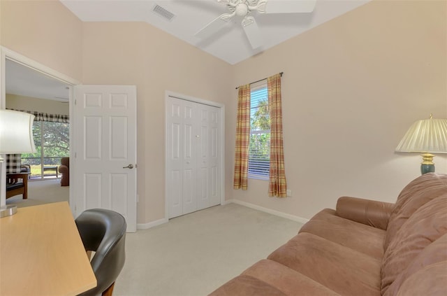 office area with light carpet and ceiling fan