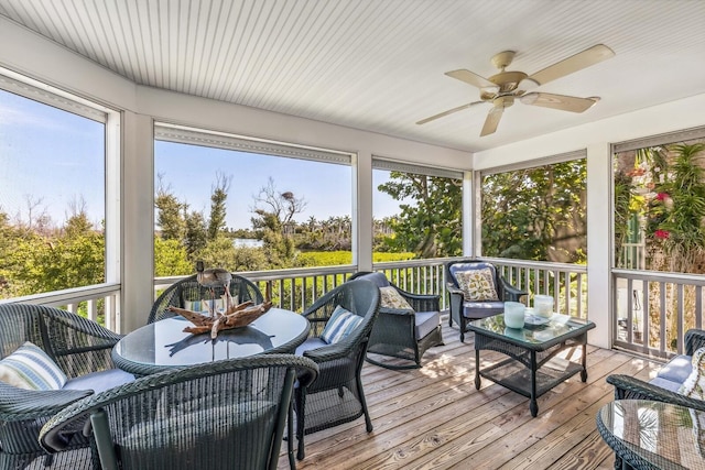 sunroom / solarium featuring ceiling fan