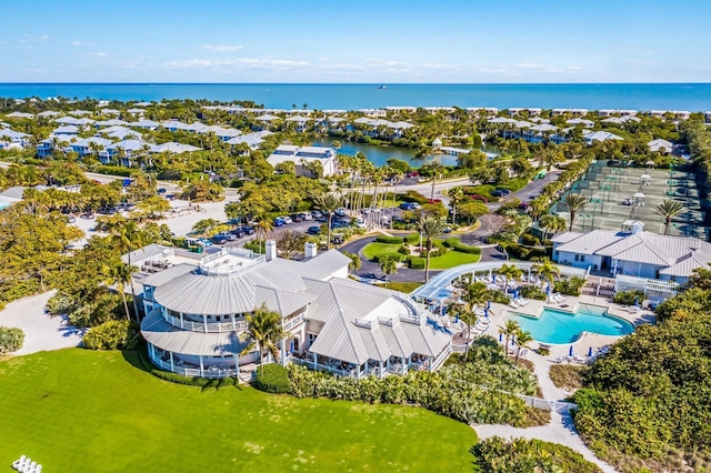 aerial view featuring a water view