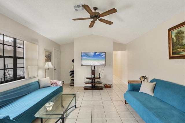 tiled living room with vaulted ceiling and ceiling fan