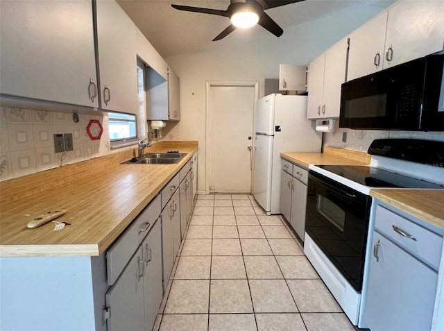 kitchen with white appliances, white cabinets, sink, ceiling fan, and light tile patterned flooring