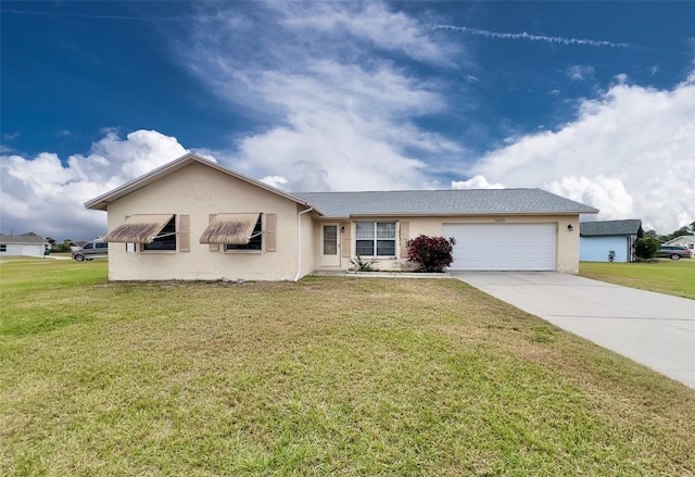 ranch-style house with a garage and a front lawn