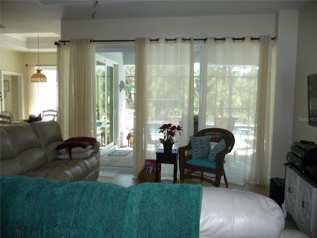 interior space featuring tile patterned floors and a tray ceiling