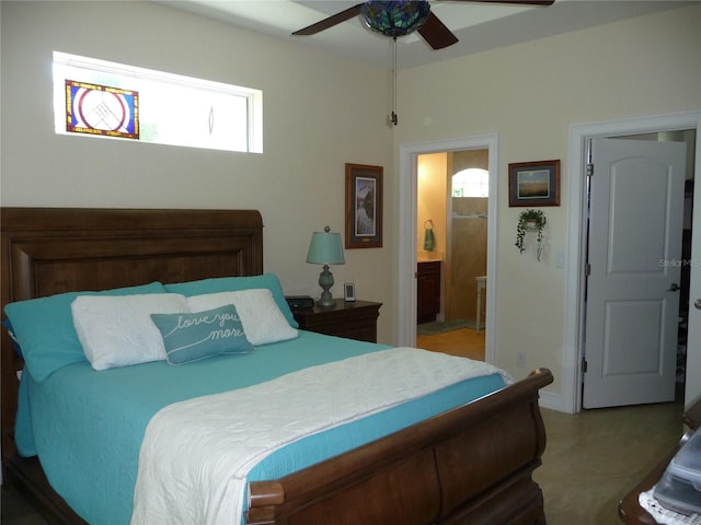 bedroom with connected bathroom and ceiling fan