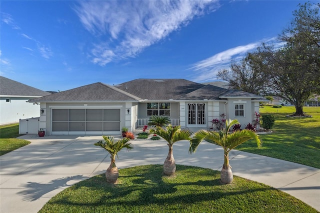 single story home featuring a garage, covered porch, and a front yard