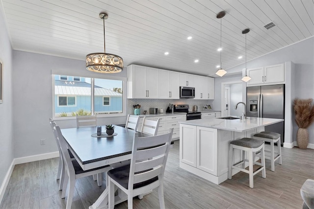 kitchen with white cabinetry, stainless steel appliances, a kitchen island with sink, pendant lighting, and sink