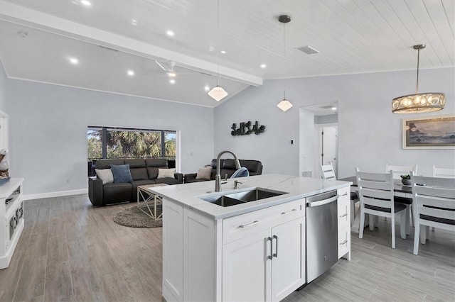 kitchen with decorative light fixtures, a kitchen island with sink, dishwasher, white cabinets, and sink