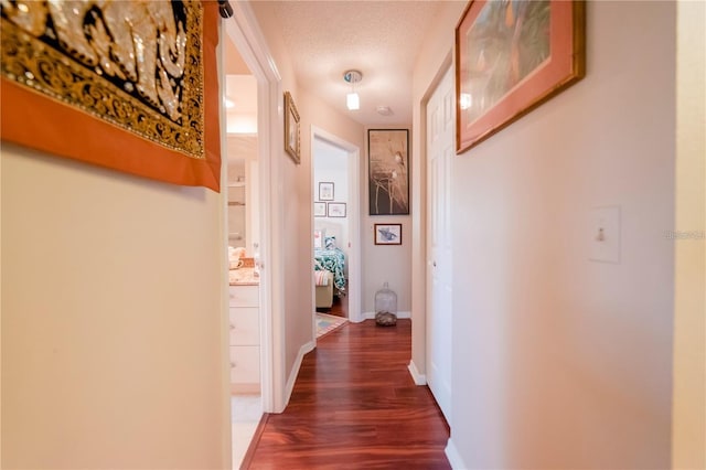 hallway featuring dark hardwood / wood-style flooring and a textured ceiling