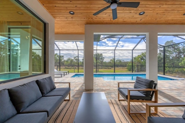 sunroom / solarium featuring wood ceiling and a pool