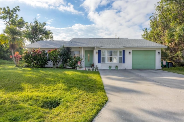 single story home with a front lawn and a garage