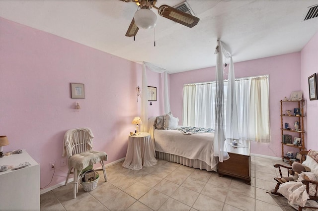 bedroom featuring ceiling fan and light tile patterned floors