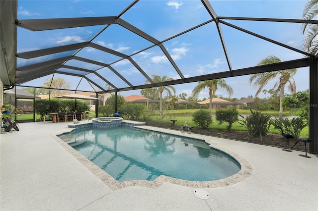 view of pool featuring a lanai, a patio, and an in ground hot tub