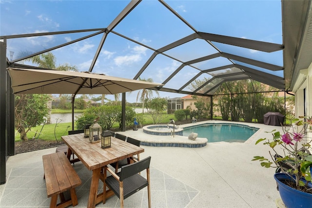 view of pool with glass enclosure, area for grilling, an in ground hot tub, a water view, and a patio