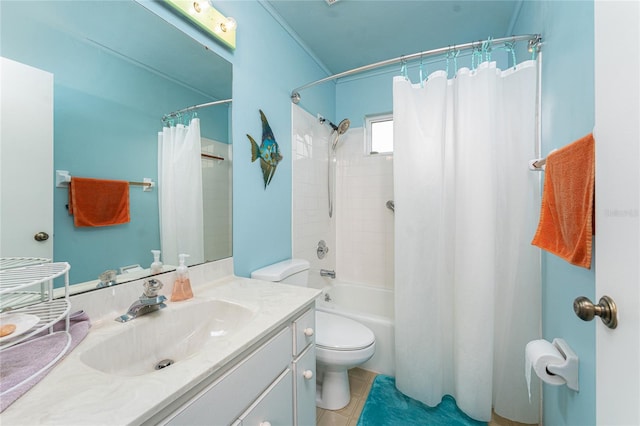 full bathroom featuring shower / tub combo with curtain, vanity, tile patterned floors, and toilet