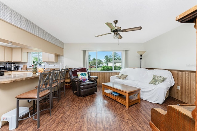 living room featuring ceiling fan, sink, a textured ceiling, and dark hardwood / wood-style flooring