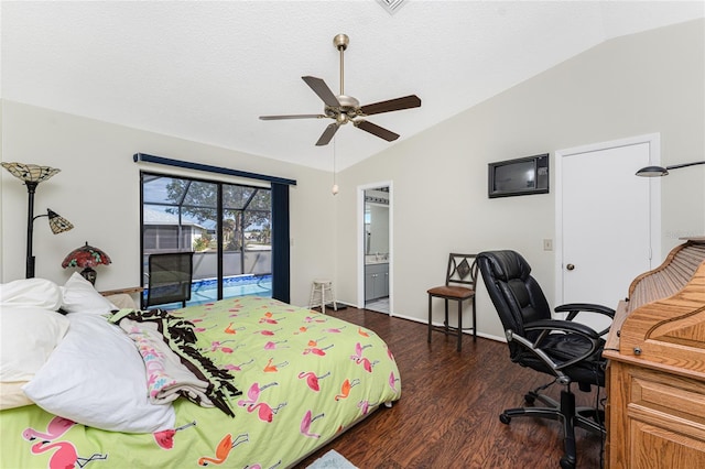 bedroom featuring ensuite bathroom, lofted ceiling, access to outside, ceiling fan, and dark wood-type flooring