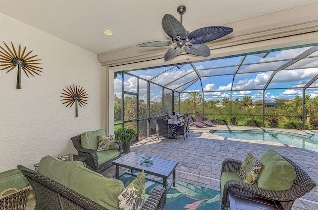 view of patio / terrace with a lanai and an outdoor living space