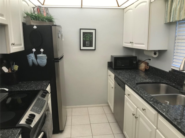 kitchen with white cabinetry, electric range, sink, dishwasher, and light tile patterned flooring