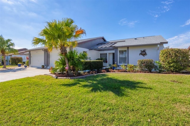 ranch-style home with a front yard and a garage