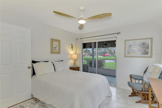 bedroom with ceiling fan and access to exterior