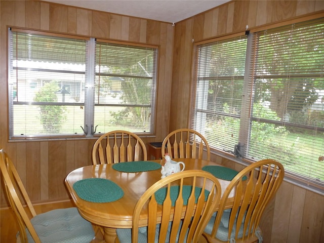 dining space with wooden walls