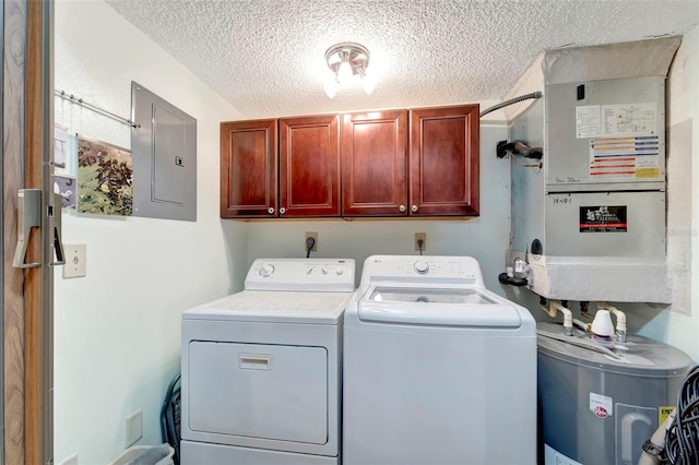 washroom with cabinets, separate washer and dryer, electric water heater, electric panel, and a textured ceiling