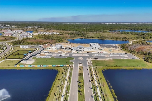 drone / aerial view with a water view