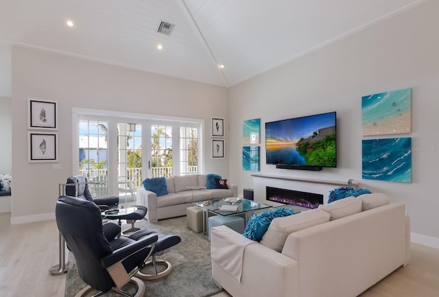 living room with high vaulted ceiling, light hardwood / wood-style flooring, and wood ceiling