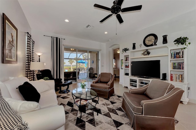 living room with ceiling fan