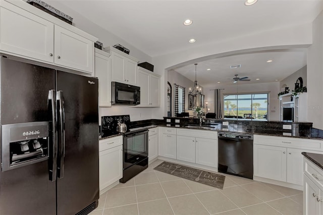 kitchen featuring black appliances, white cabinets, sink, ceiling fan, and kitchen peninsula