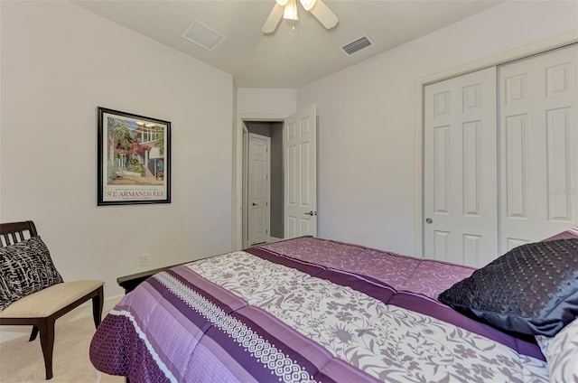 bedroom featuring carpet flooring, a closet, and ceiling fan