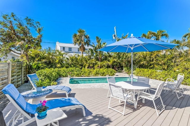 view of swimming pool featuring a wooden deck