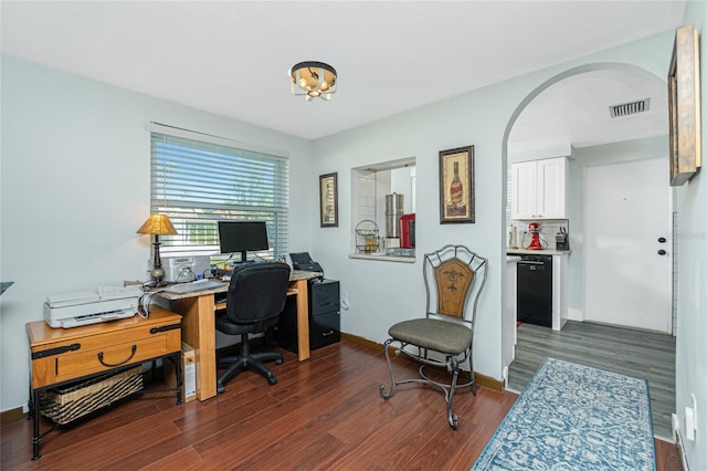 office area with dark hardwood / wood-style floors