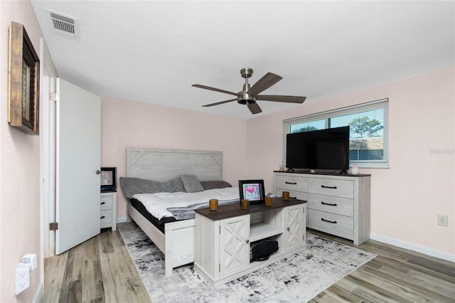 bedroom with ceiling fan and wood-type flooring