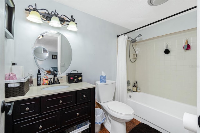 full bathroom with toilet, shower / bathtub combination with curtain, a textured ceiling, and vanity