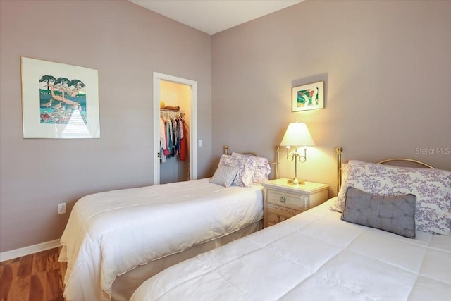 bedroom with a closet, a walk in closet, and wood-type flooring