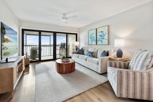 living room with hardwood / wood-style flooring and ceiling fan