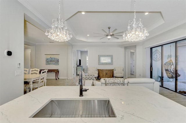 kitchen featuring ornamental molding, a raised ceiling, and sink