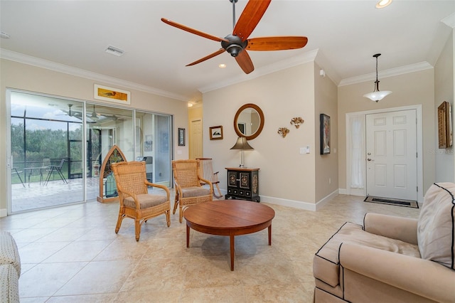 living room with ceiling fan, light tile patterned flooring, and crown molding