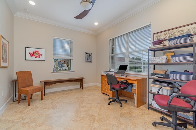 office featuring ceiling fan and ornamental molding