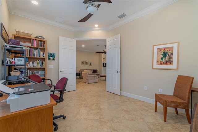 office with ceiling fan and crown molding