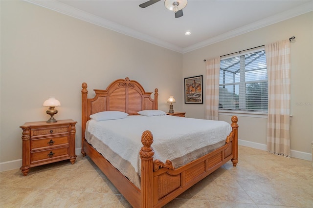 bedroom featuring ceiling fan and crown molding