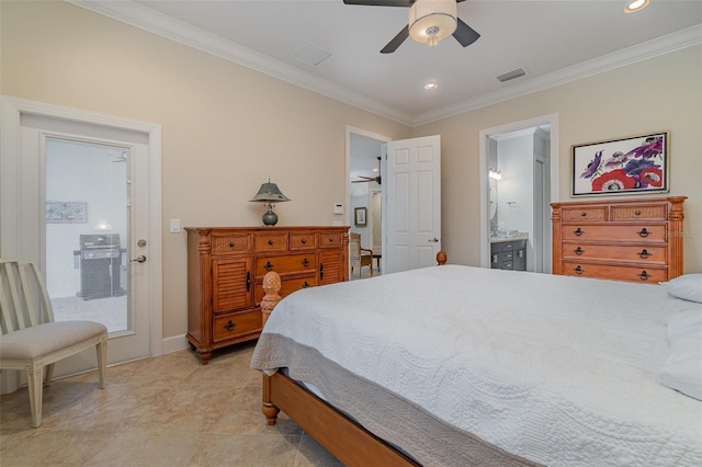 bedroom with ceiling fan, ensuite bathroom, and ornamental molding