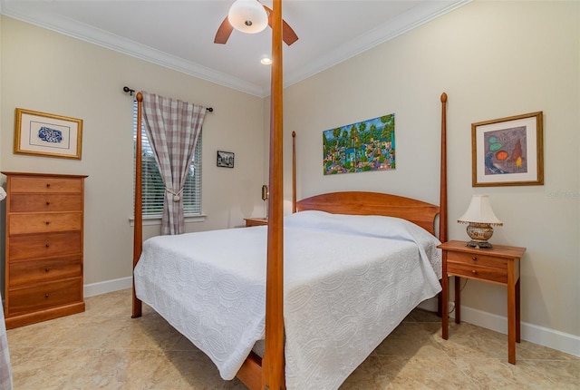 bedroom with ceiling fan and ornamental molding