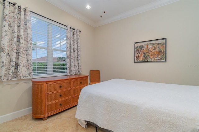 tiled bedroom with crown molding